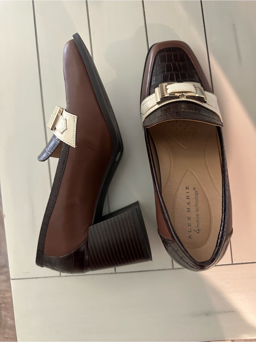 Alex Marie Brown and Cream Croc-Accent Block Heel Loafers